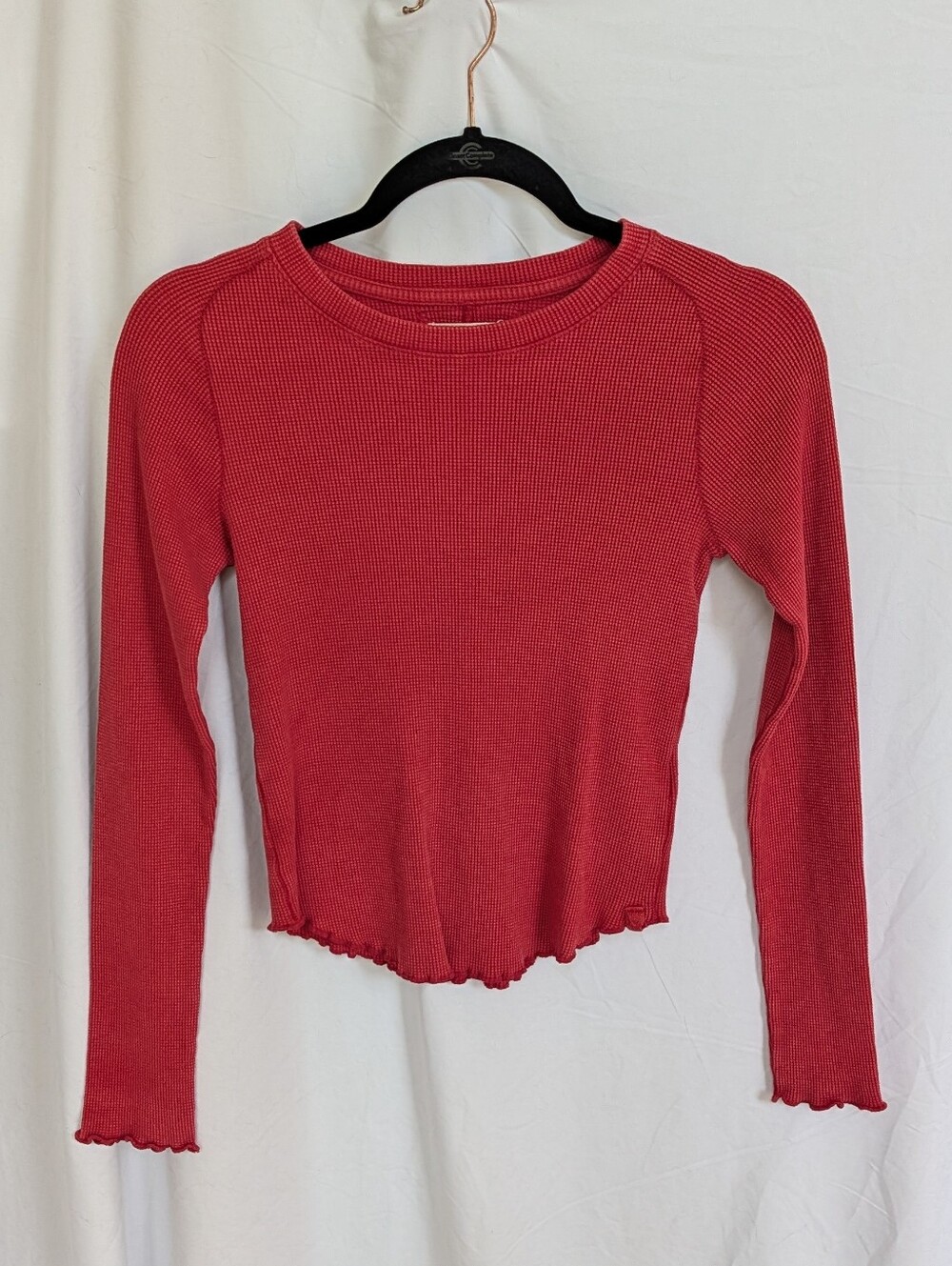 We The Free Red Ribbed Long Sleeve Crop Top